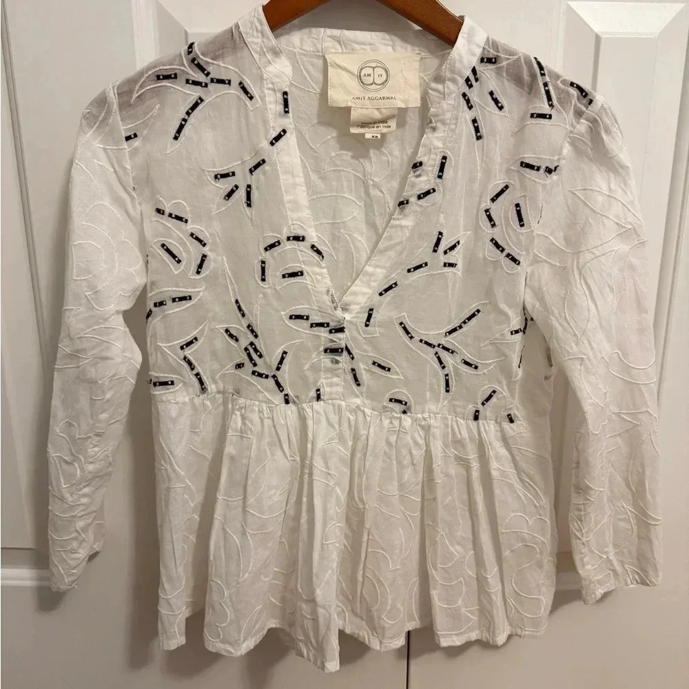 Amit Aggarwal Anthropologie Ramona Embroidered White Babydoll Top SIZE XSMALL - Picture 4 of 13